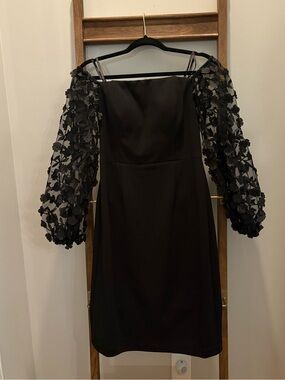 Eliza J Black Off-Shoulder Dress with 3D Floral Sheer Long Sleeves